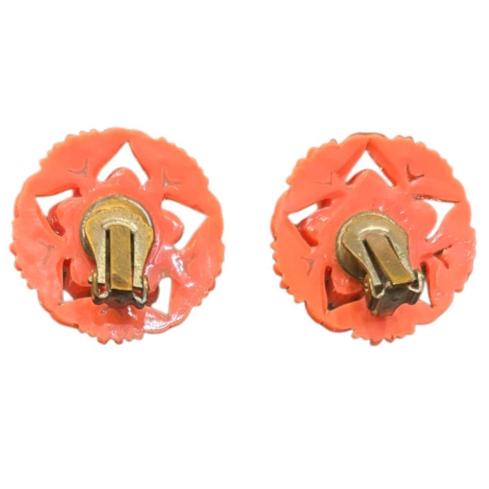 Vintage Earrings Clip On Coral Celluloid Flower Victorian MCM Vintage Jewelry - Picture 7 of 15